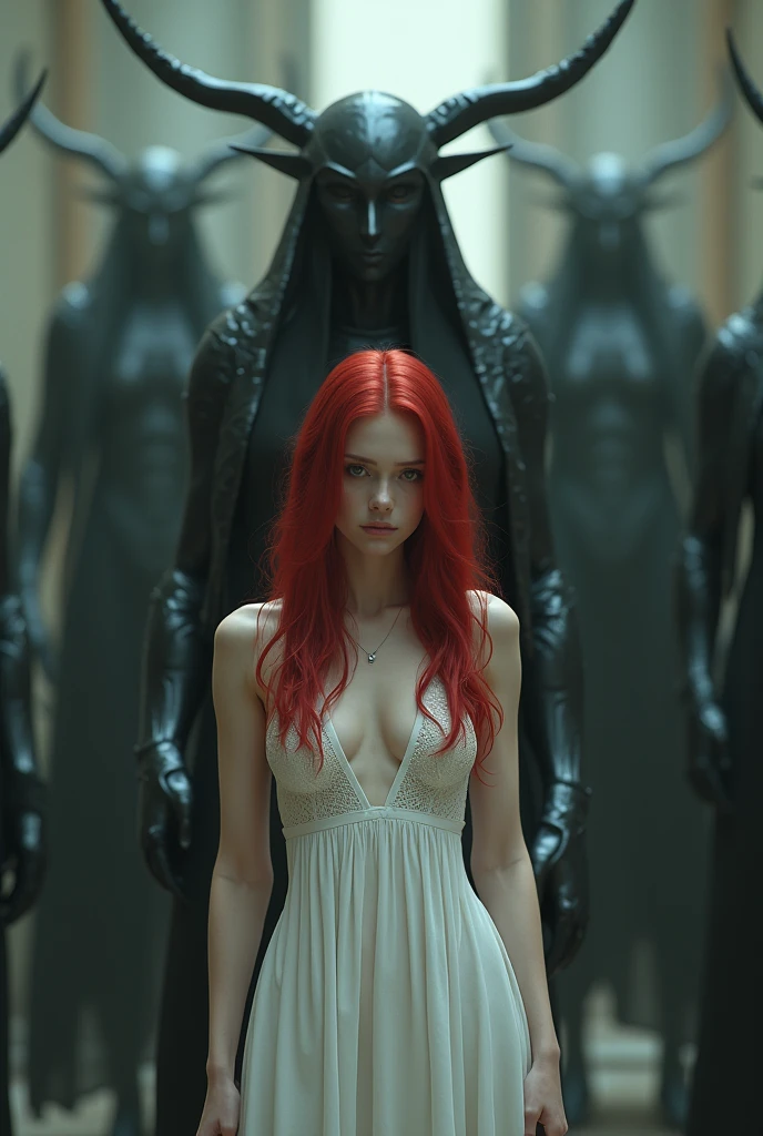 meeting with the mechanical elves overlords (([red|black] hair)), long hair, white formfitting wet cotton dress, drenched fabric, nipples bump see-through,  melancholic gaze at viewer,  (soothing tones:1.0), (hdr:1.25), (artstation:1.2), dramatic, (intricate details:1.14), (hyperrealistic 3d render:1.16), (filmic:0.55), (rutkowski:1.1), (faded:1.3)