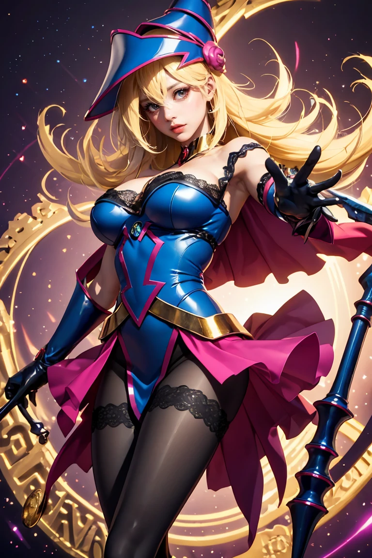 Beautiful dark mage (masterpiece: 1.2, Best Quality), (1, only), Big chest, (dynamic posture), (shiny skin, COughtson skin), COughtson skin, Sez version of the black magician demon girl, Redskin, Thin gloves and lace gloves, ( little demonic horns:1.1), (lilis \(dark stalker\)), (Skysky), Ought, (joya, golden ornaments:1.15 ), pelvis grande, blue (lace pantyhose:1.1) Black Magician Sensitive Demon Girl Version,being realistic ,。.3D,Magical fluctuations,magic matrix