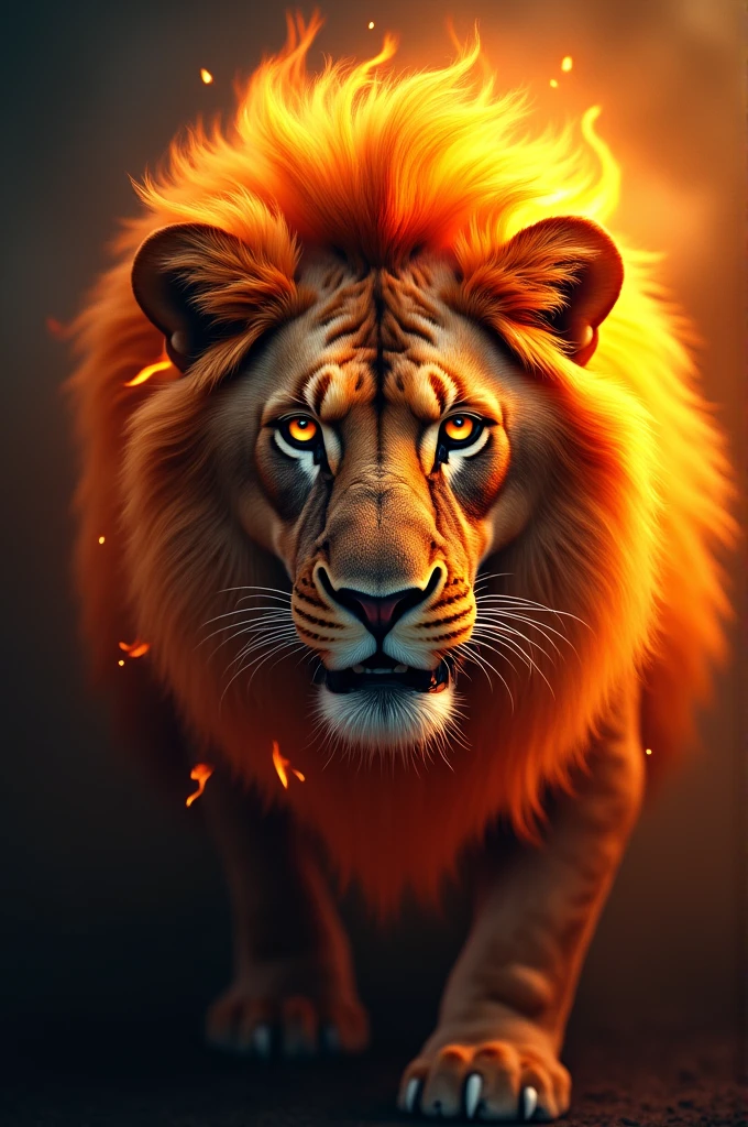 Face of a fierce lion with a mane on incandescent fire
