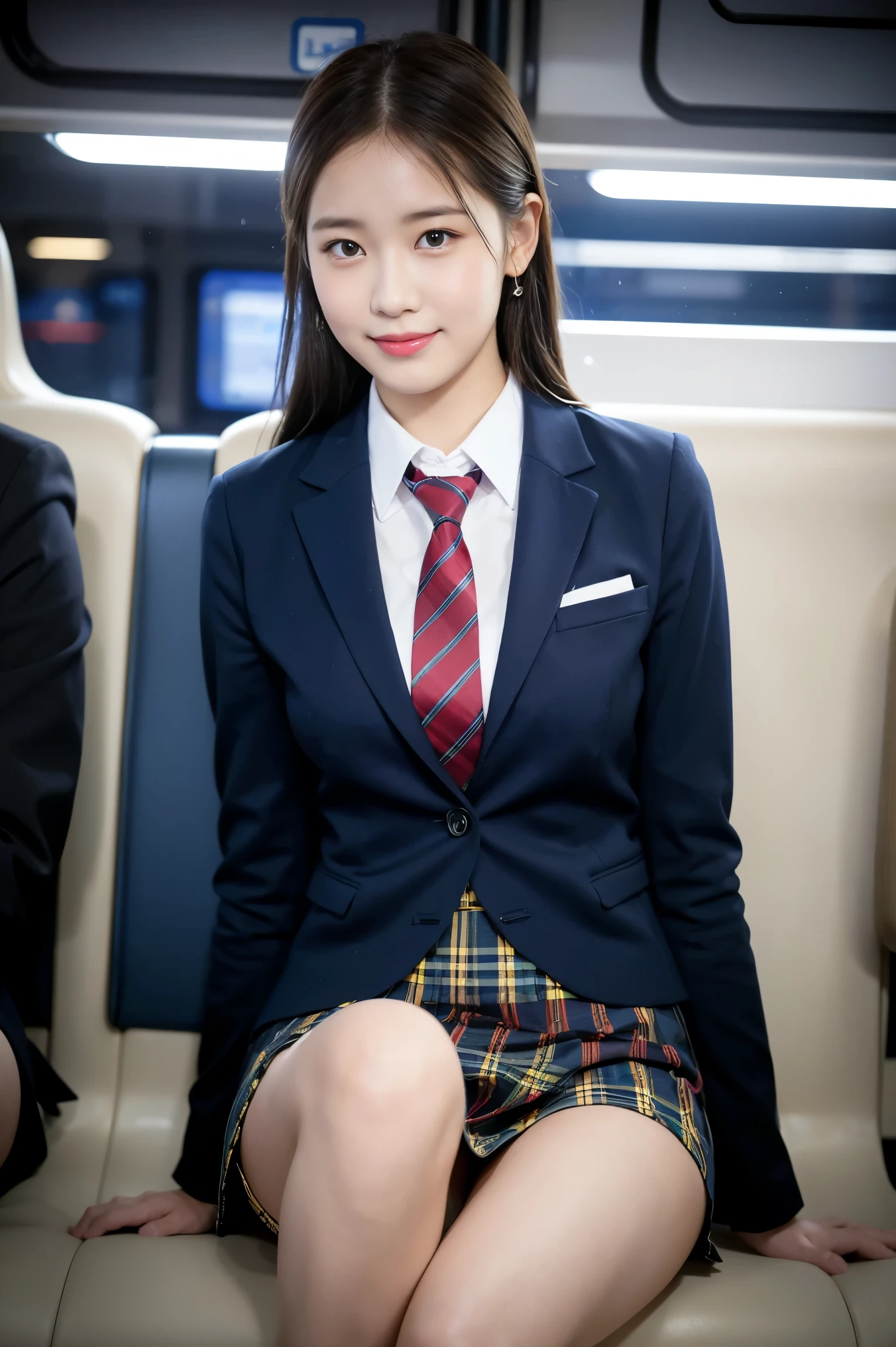 (8K), (highest quality: 1.2), (realistic), (realistic: 1.37), ultra high resolution, 1 girl, cute, smile, closed mouth, red lip,led cheak,beautiful details, beautiful nose, wet hair, giant dulcefo, pork, thighs,Self snap,University Student Uniform,Sitting on a Tokyo train,simple blazer,pleated skirt,(The pattern of the skirt and tie is a tartan check pattern..:1.3),cross your legs,thighs