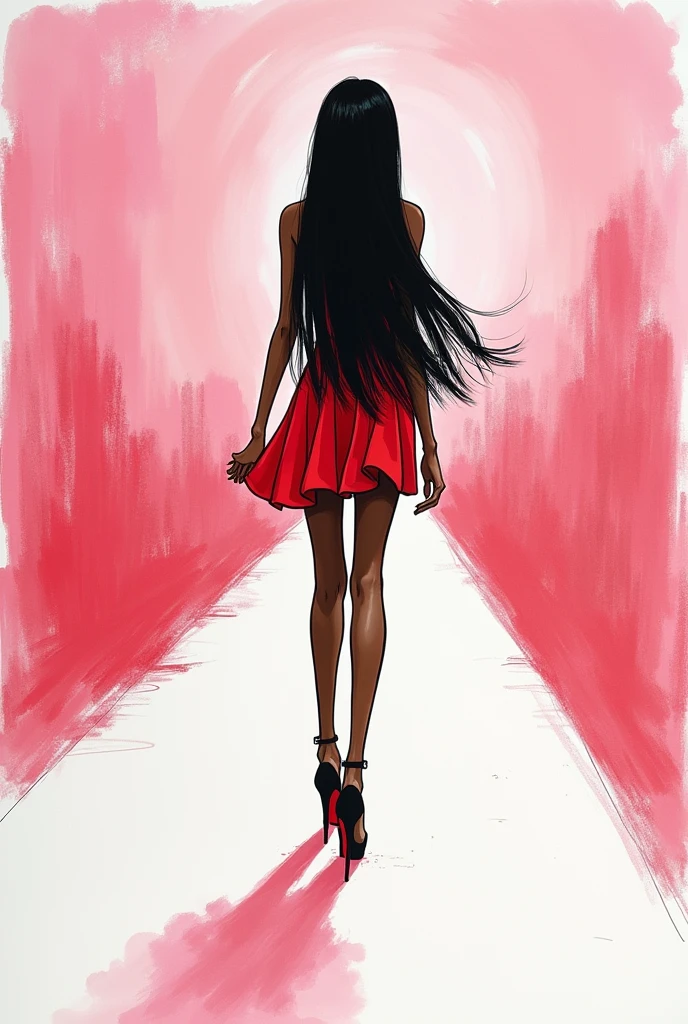 drawing of an elegant model woman in heels, dark-skinned with long, straight black hair, by the hand of a child of approximately 9 years old, walking towards a beautiful path with a pink background and seeing her from behind