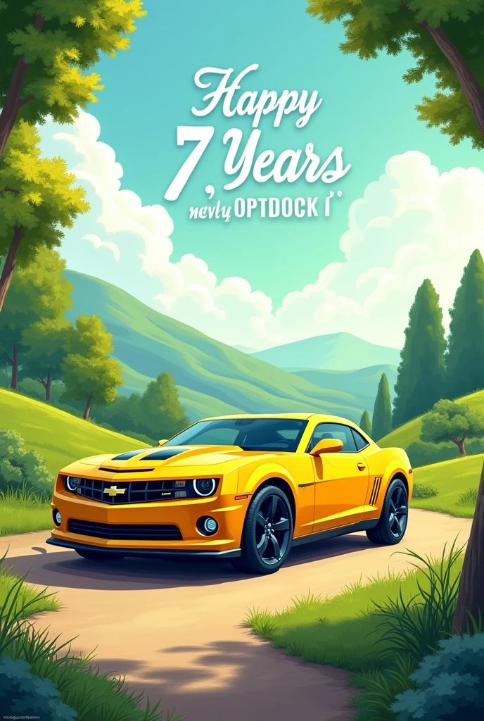 A birthday panel A yellow Camaro car, in a landscape Write Thomas 7 Years In drawing, Horizontal