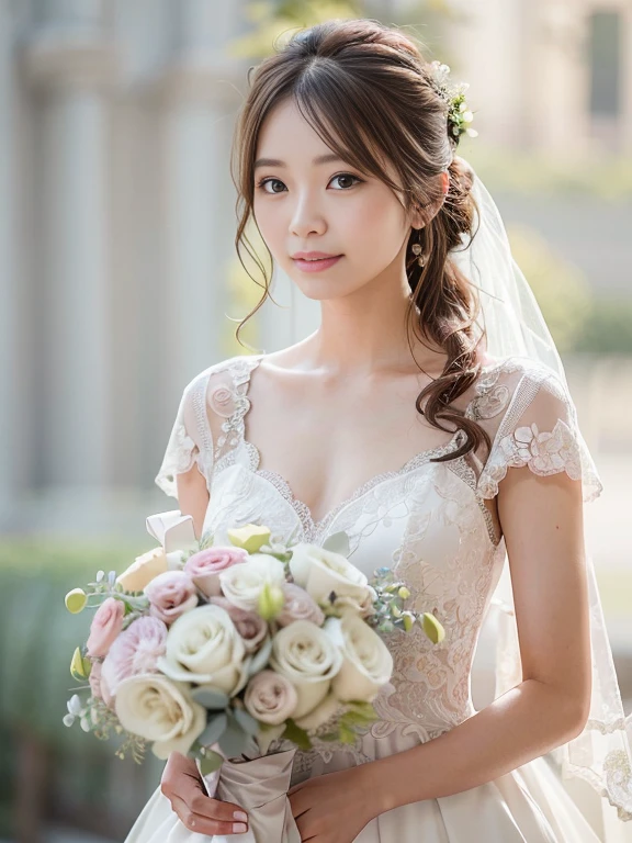 Photo-realistic quality、a woman in a Wedding dress holding a bouquet of flowers、Standing in front of the church、20 year old Japanese model、白のWedding dress,Hanae Mori style wedding dress、Japan idols at 20 years old、lace prom dresses、looking at the camera、Detailed and beautiful eyes、Cute smile、Relaxed and gentle expression、a close up of a woman in a Wedding dress holding a bouquet, Wedding dress, So magical and dreamy、Blur the background a lot、300ｍｍ F2.Shot with 8 lenses