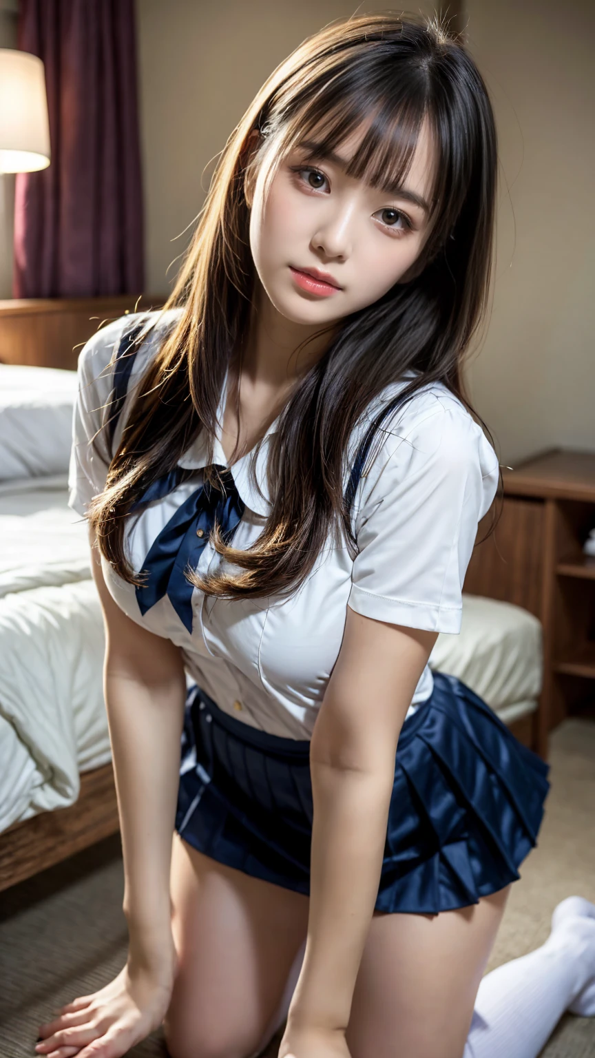 masterpiece, Best Quality, 8K, 20 yo, huge breasts, cuddly, Solo, sad, Cute, Girly, Delicate girl, Neat and clean beauty, Raw photo, Professional Photography, Portrait, Soft light, Professional Lighting, Back lighting, Upper body, front view, (on all fours, hotel room), Sophisticated, Film grain, (Eyes and faces with detailed:1.0), short length floating hair, beautiful flowing hair, bangs, High school girl uniform、Super Short Check Uniform Skirt、Navy blue high socks, Colossal tits、Don't expose it, expresses the roundness and softness of your chest., Protruding big, Erotic shorts, Standing Elegantly、beautiful thick legs