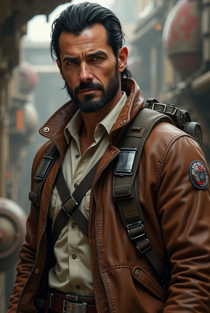 An star wars looking character, he is a human with medium black hair slicked back, green eyes and super short beard, he is in his mid 40's. He is a pilot and he wears a brown jacket over a white shirt