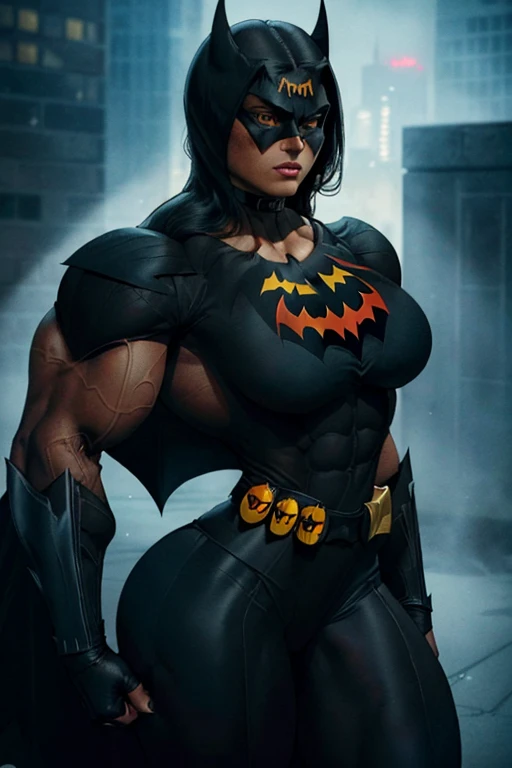 (((Close-up))), tall, (black hair) beautiful muscular woman, long straight hair, brown skinned, closed smile, large breast, (black lipstick), (massive muscles), (hyper muscle), ((ginormous bulky muscles)), orange eyes, ((((black batwoman suit)))), (((Batwoman pants with belt))), gauntlets, choker, boots, (in gotham city)