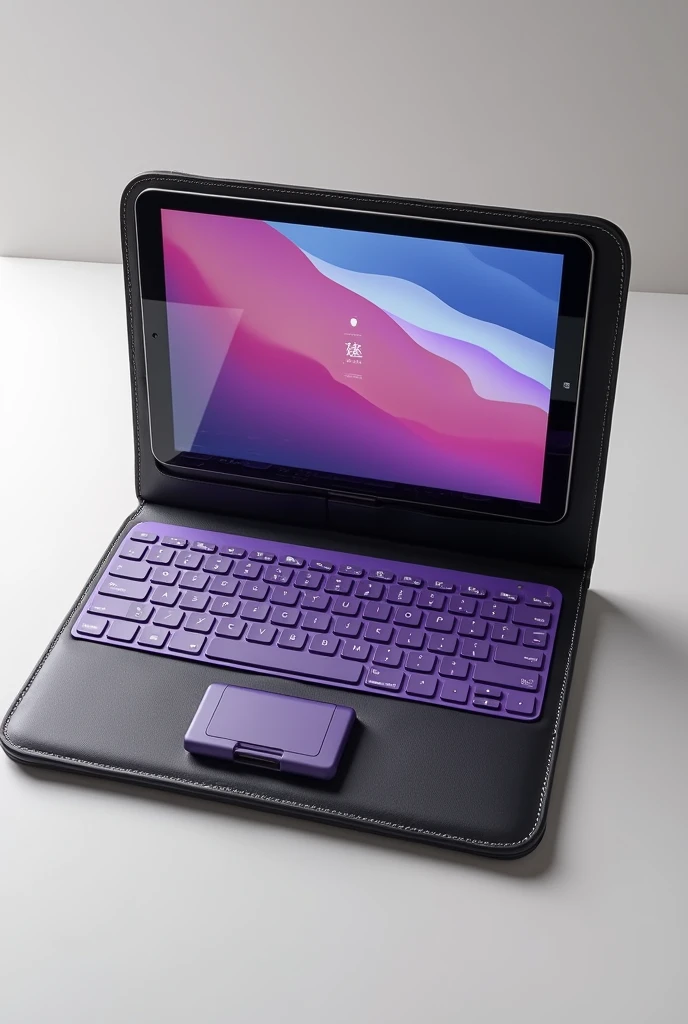 A medium leather portfolio, with a digital tablet to create documents, purple keyboard, At the bottom of the keyboard on the leather of the portfolio a mini printer outputting a freshly printed sheet, All in one.
