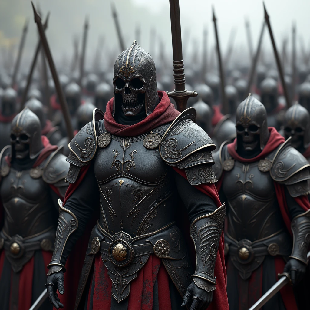 Imperial Army, thousands of warriors with swords, His armor is very ornate and (Black color with blood red tones). instill fear, All helmets are skull shaped