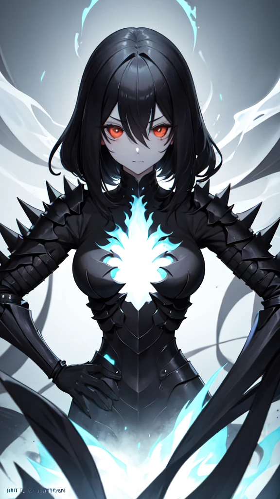 ((hollowfication)), monster girl, black hair, medium breasts, armor, spikes, glowing, smoke, upper body,