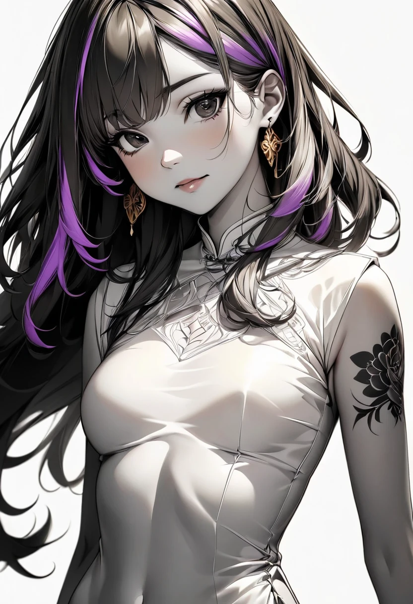 (highest quality:1.2, Very detailed, up to date, Vibrant, Ultra-high resolution, High Contrast, masterpiece:1.2, highest quality, Best aesthetics), Portraiture、girl、((25-years-old:1)), long hair、black and purple ((streaked hair:1.6)), highlights hair: 1.5, brown eyes, gold earrings, ((slim body:1.4)), (small breast:0.7), (dark skin:0.5)), purple Cheongsam, Beautiful fine details、Bright colors、Beautiful lip detail, standing, (Floral Fineline tattoo design on left arm:1), ((Plain white background:1.6)), lineart, ((monochrome:1.7)), (cowboy shot), clean line drawings,