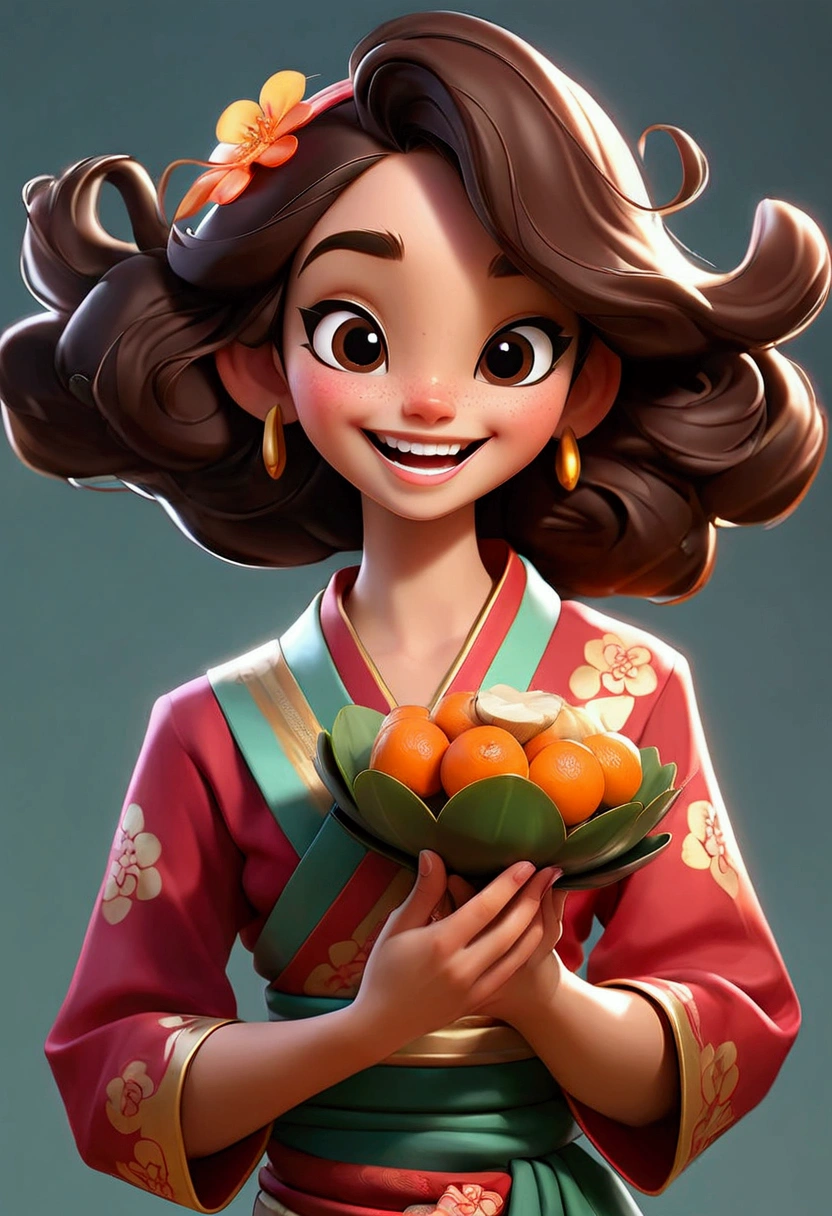 A cheerful young brunette, happy and smiling, holding a japamala in your hands 