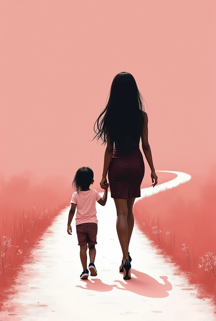 drawing of an elegant model woman in heels, dark-skinned with long, straight black hair, holding the hand of a child of approximately , walking towards a beautiful path with a pink background and seeing her from behind
