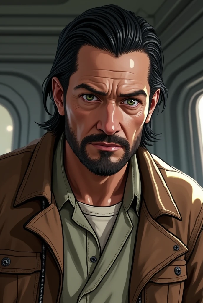 An star wars looking character, he is a human with medium black hair slicked back, green eyes and super short beard, he is in his mid 40's. He is a pilot and he wears a brown jacket over a white shirt