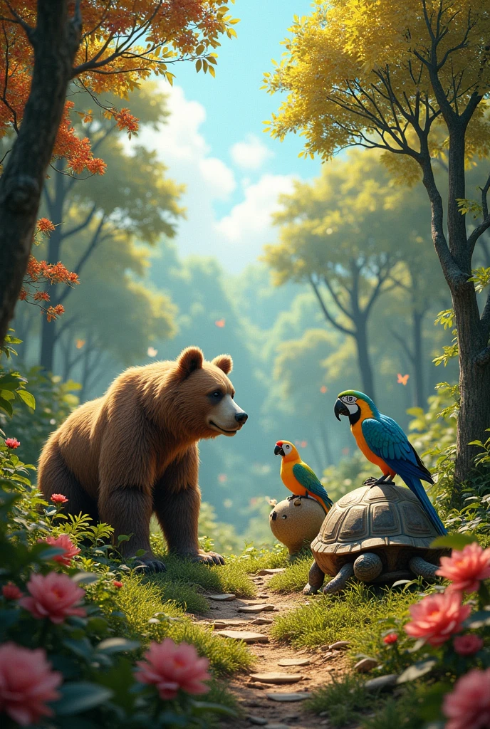 In a forest full of colors and sounds lived an ant, A turtle,  a bear and a parrot
