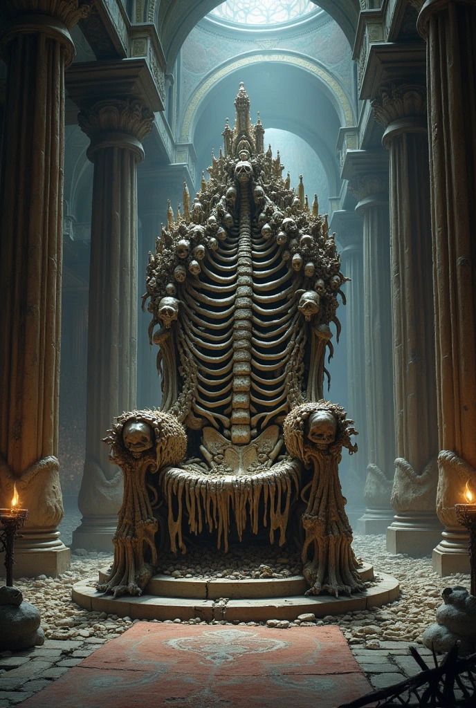 A throne made of human bones. With a castle hall background. En dessin.