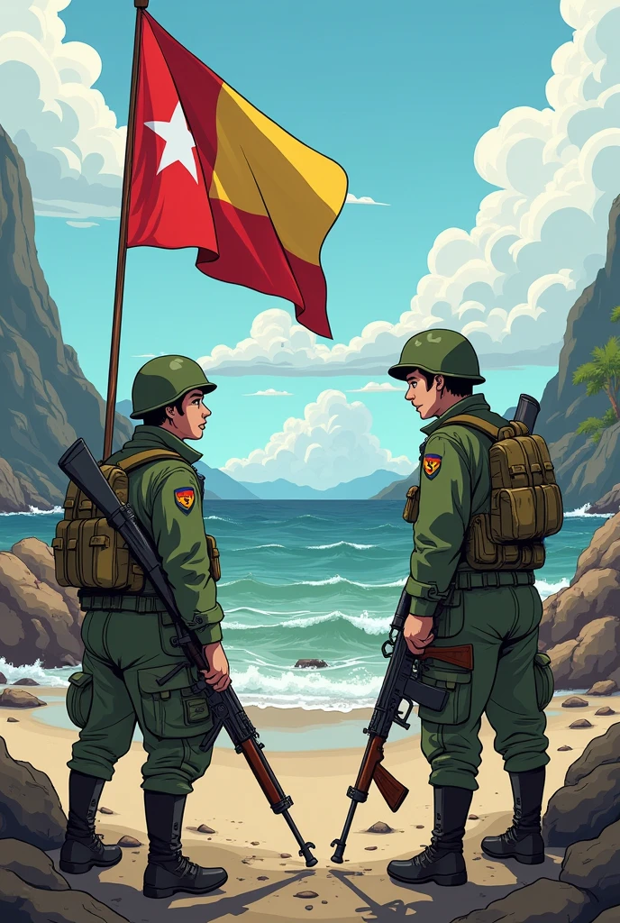 Make me an easy drawing of the "Pacific War"  in the style of the "serie gravity falls" that deals more with the countries of "boivia", "Peru and Chile" Make a guerrilla from the country of Bolivia ,from Peru and Chile that the 3 soldiers are face to face and look at each other with a weapon and uniform fighting in the Pacific War for the fight of the sea adds a landscape like the sea and cambate and mountains and carrying weapons and also as a background something catastrophic with bodies on the floor and adds details like the flag of Bolivia and the flag of Chile and the flag of Peru waving in the wind but that has the drawing style of the gravity falls series
