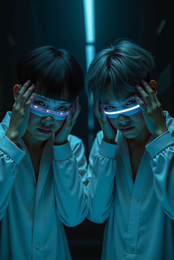 (masterpiece, Best Quality:1.2), dark environment, deep and marked darkness.Focus only, Whole body. group. two 17 yo boys, hand on temples, headache gesture, macabre smile, Dark grayish hair, blue eyes, white tunic futuristic style, blindfolded, futuristic cyber details