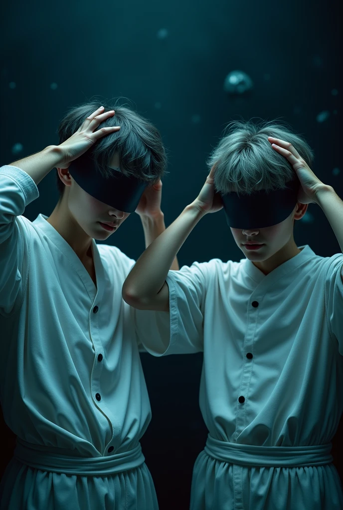 (masterpiece, Best Quality:1.2), dark environment, deep and marked darkness.Focus only, Whole body. group. two 17 yo boys, hand on temples, headache gesture, macabre smile, Dark grayish hair, blue eyes, white tunic futuristic style, blindfolded, futuristic cyber details
