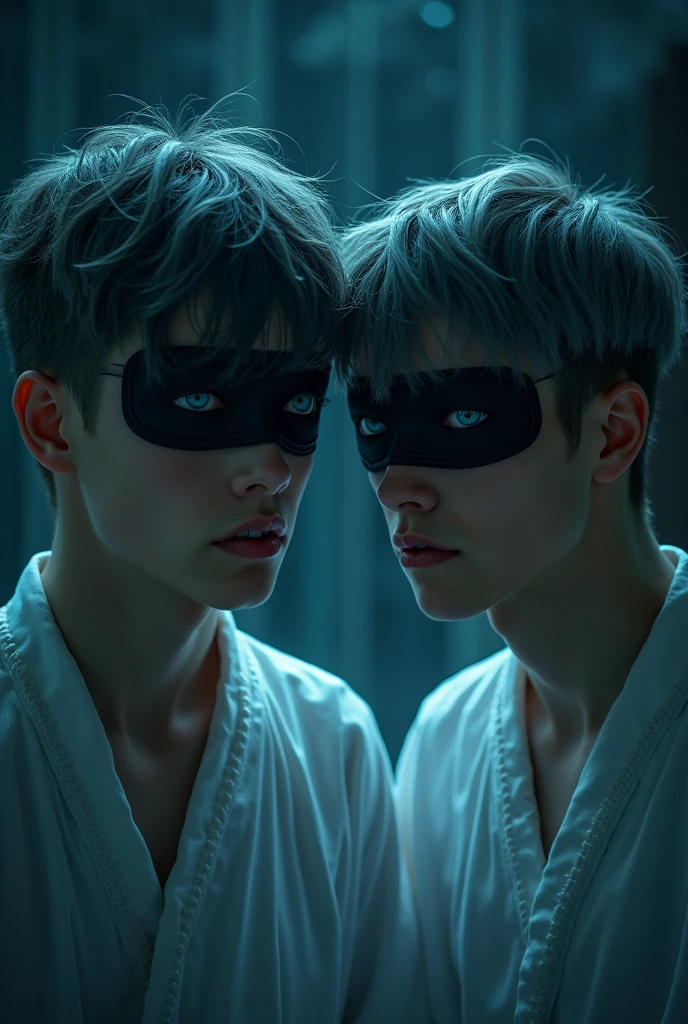 (masterpiece, Best Quality:1.2), dark environment, deep and marked darkness.Focus only, Whole body. group. two 17 yo boys, hand on temples, headache gesture, macabre smile, Dark grayish hair, blue eyes, white tunic futuristic style, blindfolded, futuristic cyber details
