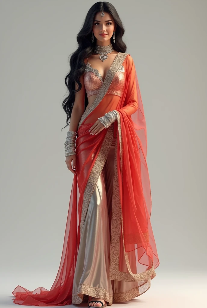 ultra-detailed 3d game model of the highest quality, arab-indian woman as beautiful as the miss universe,  
She's wearing a metallic crimson satin indian sari top, 
She's wearing translucid iridescent arabian pants, She's wearing translucent light blue arab harem pants, 
She's wearing a sparkling seethrough golden lamé see-through floor-length lamé skirt, 
She's wearing a sparkling light gray silk open robe over the clothes, She's wearing open-toe high heeled sandals, 
She's wearing intricate sheer white lace bridal gauntlets.