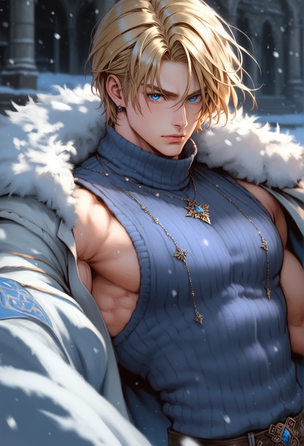 absurdities, High resolution, ultra detailed, HdR, masterpiece, 30 year old adult man, rasgos muy masculines, serious, Extremely detailed face and eyes, semi long straight hair, blond hair, bushy eyebrows, fringe, expressive blue eyes, rasgos masculines, detailed eyes, LOOKING AT THE SPECTATOR, 1 man, viking style clothing, masculine, blue clothes con abrigo de piel, snowy background, White skin, viking necklace, blue clothes, white earrings, tidy hair, Complete plan, beefy chest, magical realism, masculine, men&#39;s clothing, vibrant colors, photorealistic, 8k, Best Quality, High resolution, cinematic lighting, intricate details, snow background.