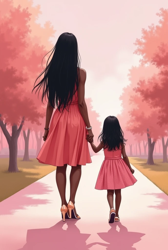 drawing of an elegant model woman in heels, dark-skinned with long, straight black hair, holding the hand of a child of approximately 9 years old, walking towards a beautiful path with a pink background and seeing her from behind