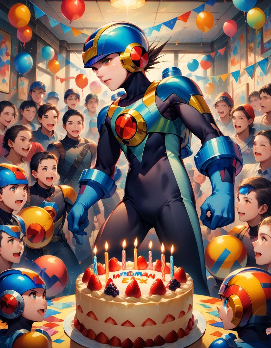 a detailed portrait of MegaMan.EXE, a young boy celebrating his birthday in a decorated room, surrounded by his friends, with colorful globes and a birthday cake, photorealistic, epic fantasy, highly detailed, masterpiece, cinematic lighting, vibrant colors, emotional expression, dynamic pose