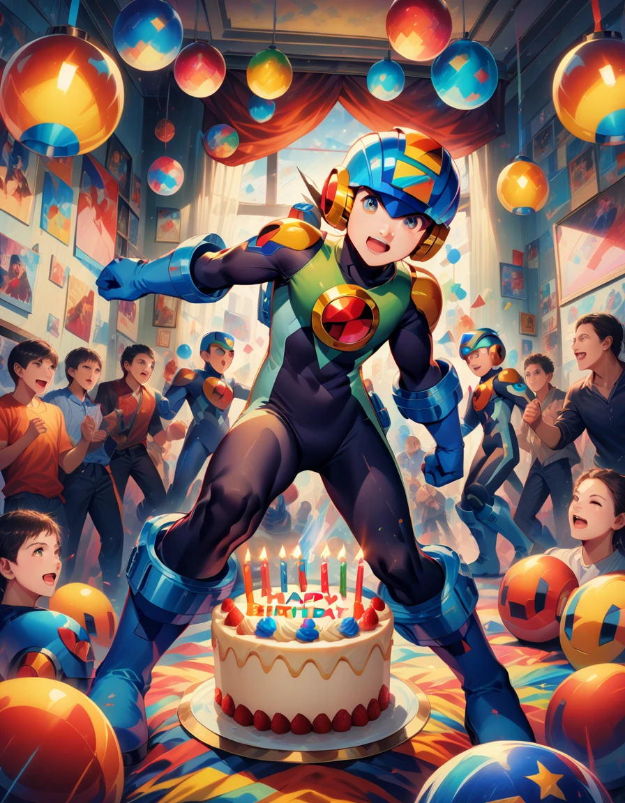 a detailed portrait of MegaMan.EXE, a young boy celebrating his birthday in a decorated room, surrounded by his friends, with colorful globes and a birthday cake, photorealistic, epic fantasy, highly detailed, masterpiece, cinematic lighting, vibrant colors, emotional expression, dynamic pose