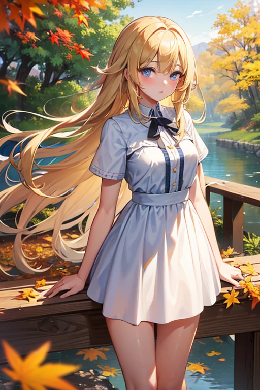 (work of art), best qualityer, 1 girl, standing alone,( beautiful girl, long hair, blue colored eyes, cinta, hair blonde, hair between the eyes, hair cinta, side locks, very long hair, Messy hair,) , Thu, many maple trees, maple leaves, golden leaves, folhagem de Thu, dried leaves, Riu, Fresh air, Peace, fresh breeze , Pleasant climate, looking ahead at viewer