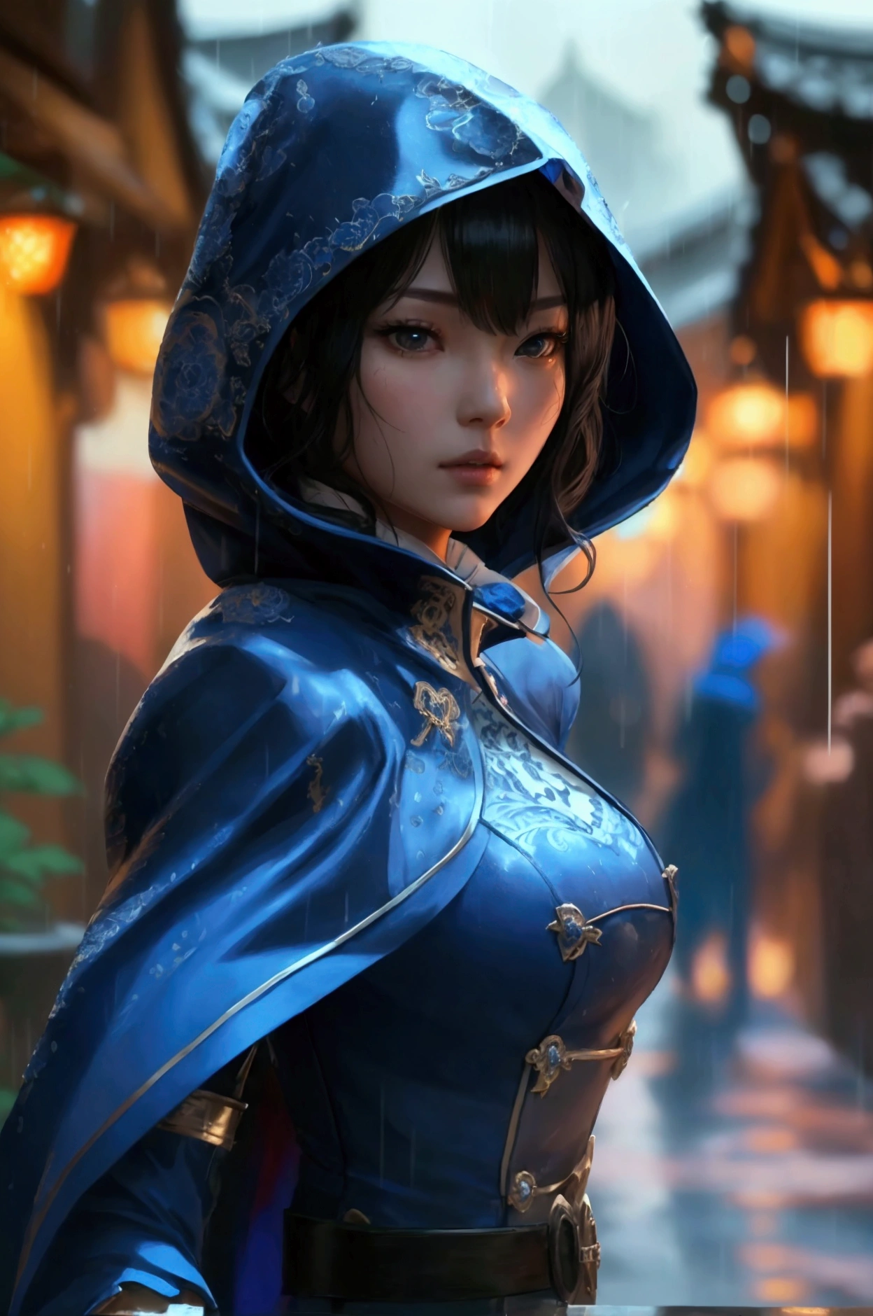South korea women mystery hooded on with modern royal Blue coat with buttons and royal Blue cape and very high white heel over the knee and white gloves, As she reveals a small secret hidden blade, adding to the character’s mysterious and agile appearance, with small movements of air on the cape, in summer at night under the rain, with buildings featuring curved eaves and detailed architecture. The scene is set at night, she slit a person's throat , intricate detail, ultra detail, incredible detail, intricate detail, extremely detailed and intricate, super max, masterpiece, best quality, HDR, UHD, unreal engine. , beautiful face, Rich in details High quality, gorgeous, captivating, 8k, super detailed, stunning shadows, detailed lines
