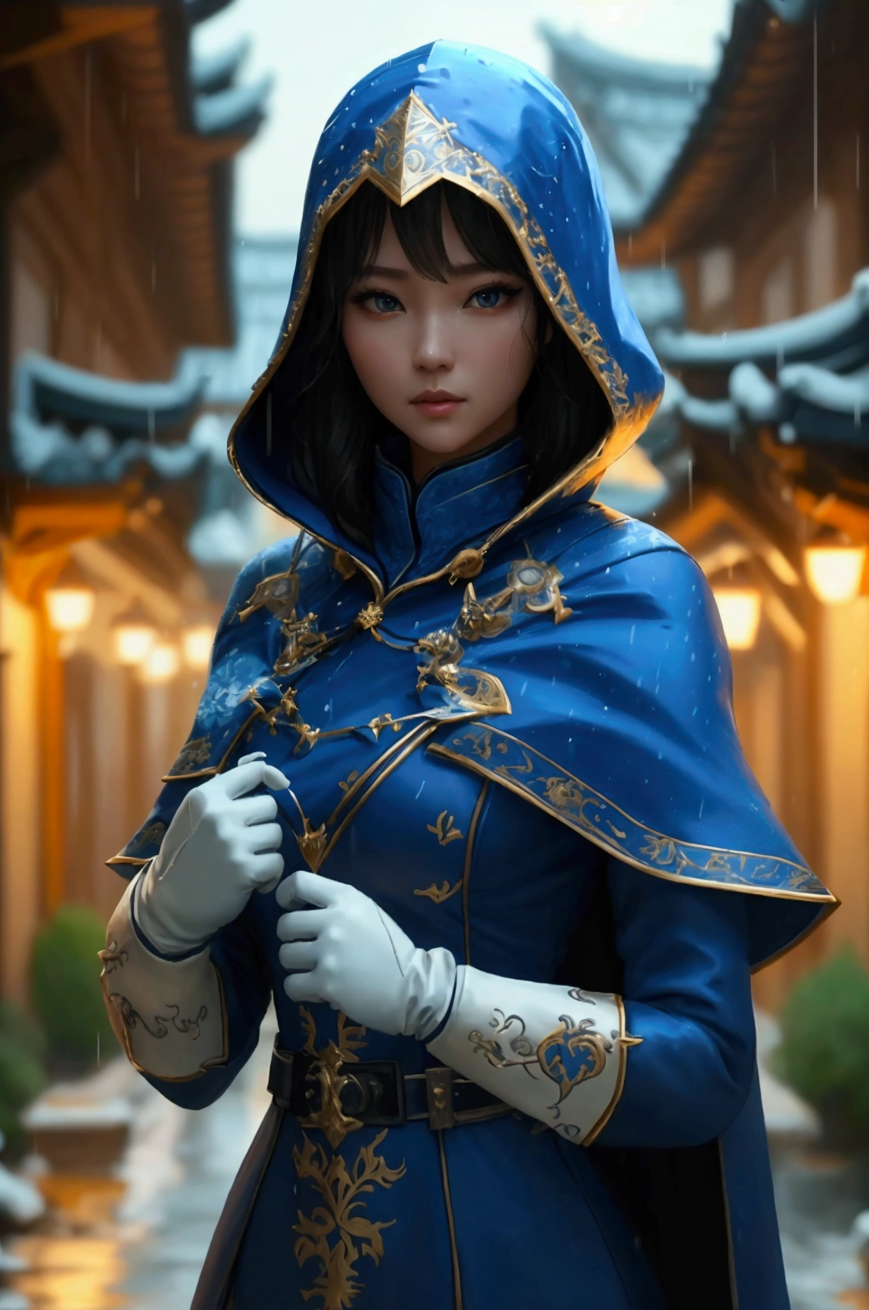 South korea women mystery hooded on with modern royal Blue coat with buttons and royal Blue cape and very high white heel over the knee and white gloves, As she reveals a small secret hidden blade, adding to the character’s mysterious and agile appearance, with small movements of air on the cape, in summer at night under the rain, with buildings featuring curved eaves and detailed architecture. The scene is set at night, she slit a person's throat , intricate detail, ultra detail, incredible detail, intricate detail, extremely detailed and intricate, super max, masterpiece, best quality, HDR, UHD, unreal engine. , beautiful face, Rich in details High quality, gorgeous, captivating, 8k, super detailed, stunning shadows, detailed lines