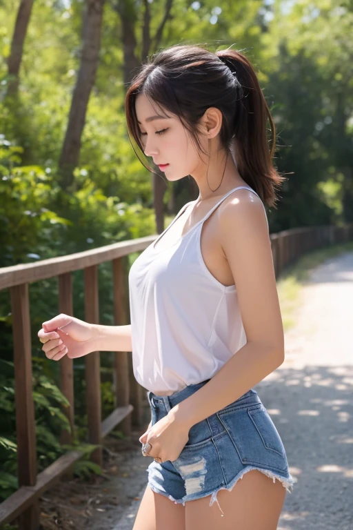 Beautiful woman、Japanese、Standing on the plateau、Tank top and shorts、My skin is wet with sweat and shining、Photorealistic、High definition