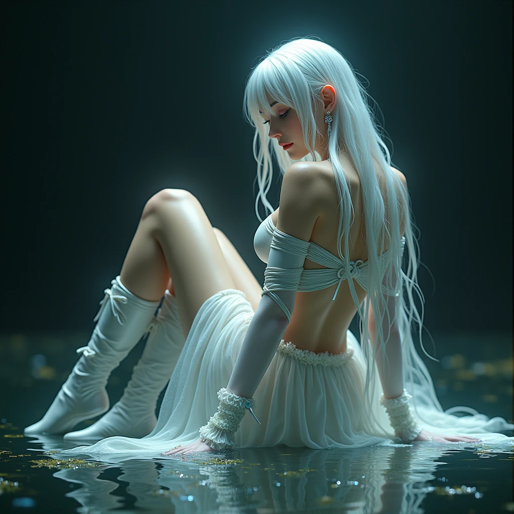 A girl with long white hair wearing a crop top and skirt made of something that resembles a butterfly cocoon,oh I want her sitting on her back on the floor with wet hair and a black background,I want her looking back and the glove and boot made with cocoon also put a silver ribbon around her chest,I want the ground as if it were water 