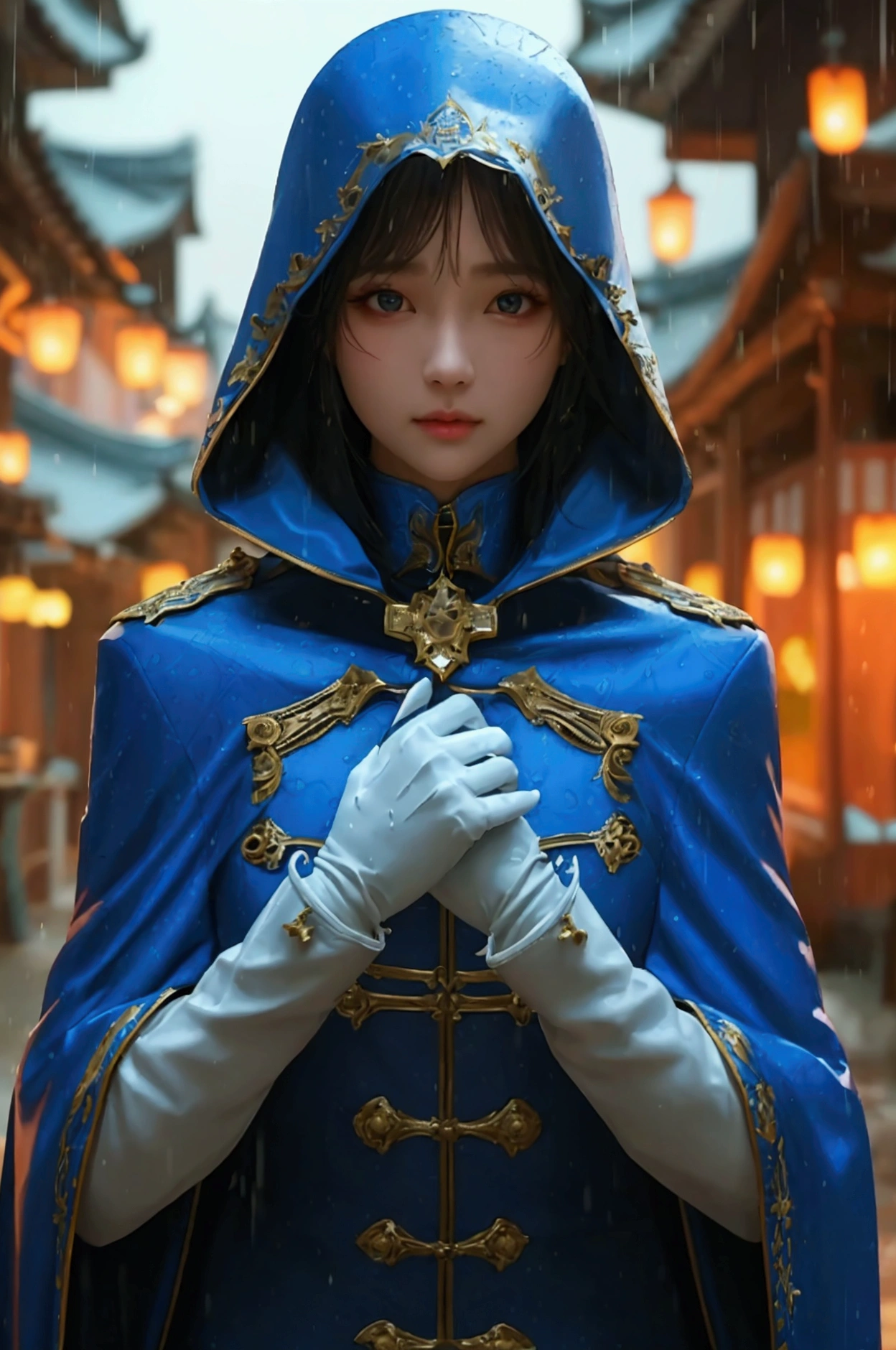 South korea women mystery hooded on with modern royal Blue coat with buttons and royal Blue cape and very high white heel over the knee and white gloves, As she reveals a small secret hidden blade, adding to the character’s mysterious and agile appearance, with small movements of air on the cape, in summer at night under the rain, with buildings featuring curved eaves and detailed architecture. The scene is set at night, she slit a person's throat , intricate detail, ultra detail, incredible detail, intricate detail, extremely detailed and intricate, super max, masterpiece, best quality, HDR, UHD, unreal engine. , beautiful face, Rich in details High quality, gorgeous, captivating, 8k, super detailed, stunning shadows, detailed lines