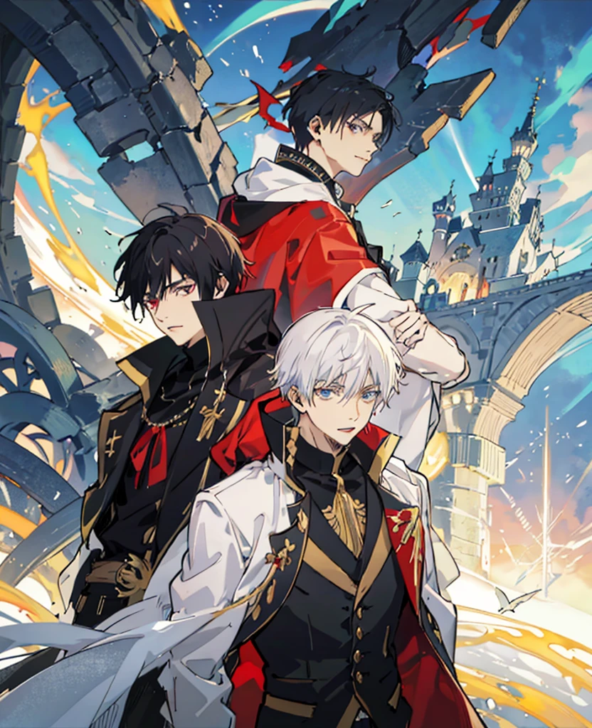 anime style image，Man wearing black suit and red cloak, Handsome guy in the art of slaying demons, Wearing a black noble suit, Inspired by Hiro Yamagata, Exquisite androgynous prince, beautiful androgynous prince, Male anime characters, androgynous vampire, Handsome male vampire, Alucard, author：Yang Jie, steampunk aesthetic