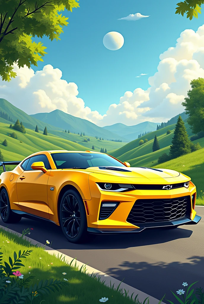 A birthday panel A yellow Camaro car, in a landscape Write Thomas In drawing, Horizontal