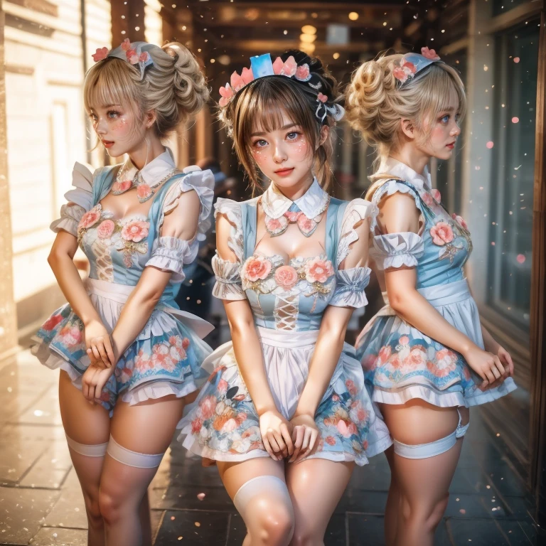 SFW, (Extremely Detailed((Kawaii Maid Group in a row:1.37))), Childish perfect face, Reflective Eyes, Detailed(Delicate Clothing textures), Dynamic Joyful Expressions LifeLike Rendering, (Specular Reflection:0.2), TopQuality 8K Ultra-detailed masterpiece (ProfessionalPhoto:1.37), (Acutance:0.8), (Luminism:1.28), (Renaissance art style), (Light particles:0.75), (Muscle:-0.5), ((Full body from side)) 