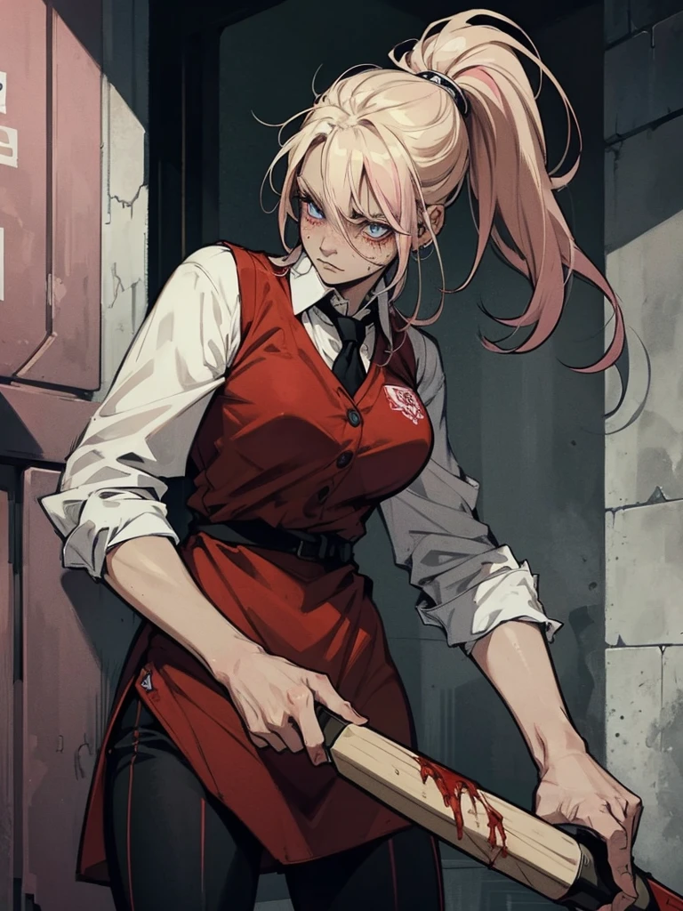 Cartoon style A blonde with two pink streaks on the side Blue eyes, white skin and freckles on the face.
social clothes (Red vest with dress shirt and dress pants underneath)
Pretty With a Baseball Bat in Her Hand. She is covered in blood and has an evil look in her eyes, she is injured and has just killed a zombie made entirely of blood.
She is having sex with a zombie