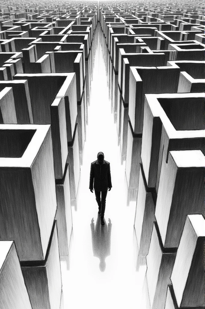 A drawing of someone in a black and white mirror maze