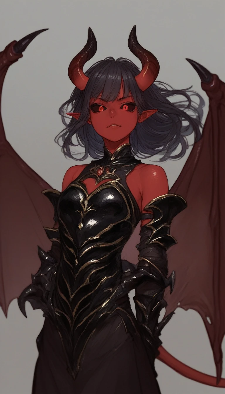 upper body, looking at viewer :: (mature, adult), demon girl, monster girl, (red skin), demon horns, demon tail, red wings, demon wings, large wings, small bust :: dark hair, floating hair :: red eyes, (black sclera), reflective eyes :: (wearing demonic armor)