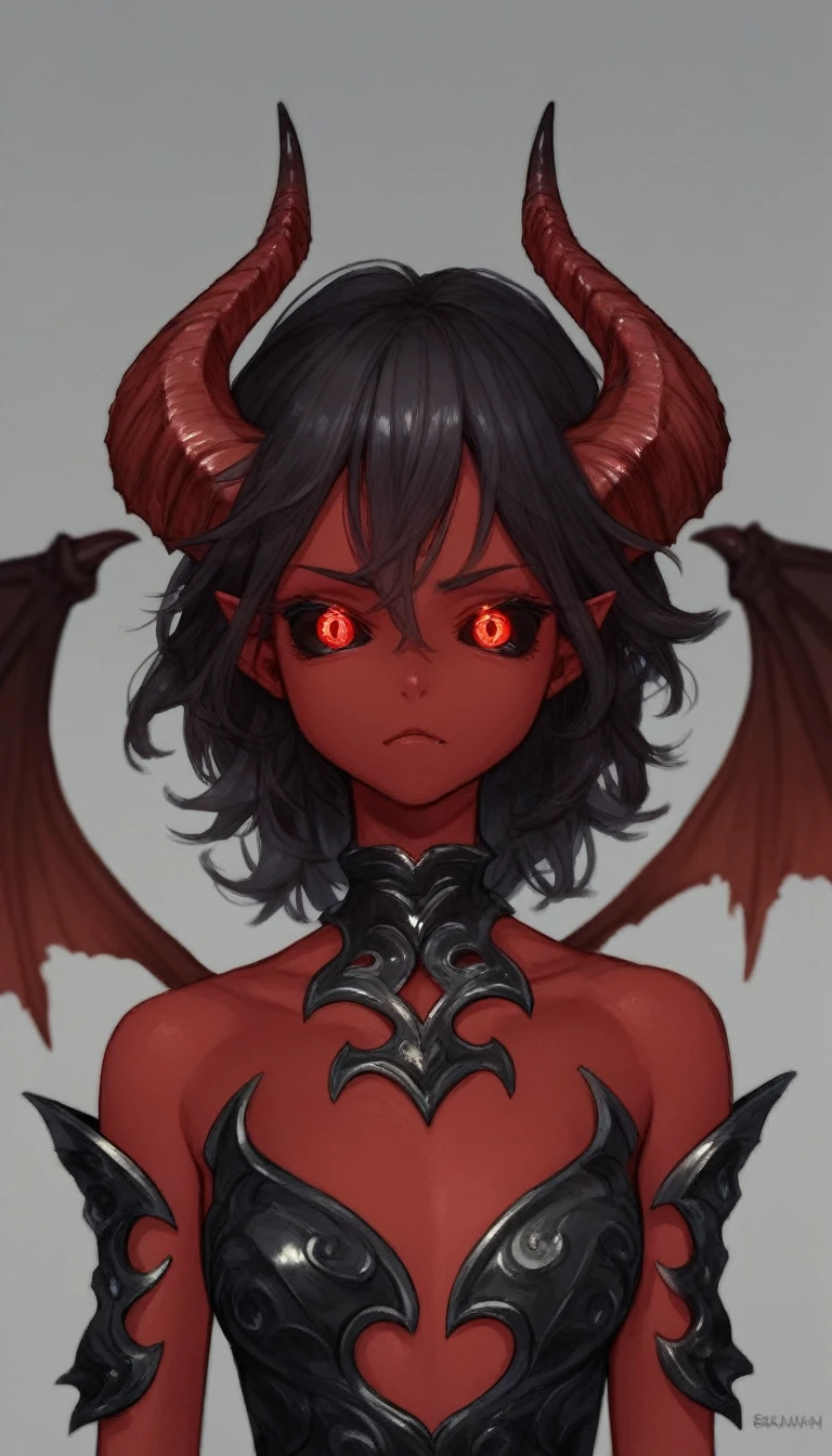 upper body, looking at viewer :: (mature, adult), demon girl, monster girl, (red skin), demon horns, demon tail, red wings, demon wings, large wings, small bust :: dark hair, floating hair :: red eyes, (black sclera), reflective eyes :: (wearing demonic armor)