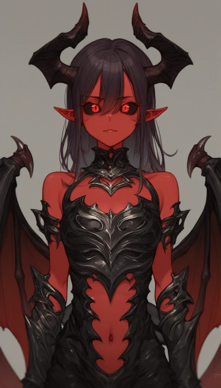 upper body, looking at viewer :: (mature, adult), demon girl, monster girl, (red skin), demon horns, demon tail, red wings, demon wings, large wings, small bust :: dark hair, floating hair :: red eyes, (black sclera), reflective eyes :: (wearing demonic armor)