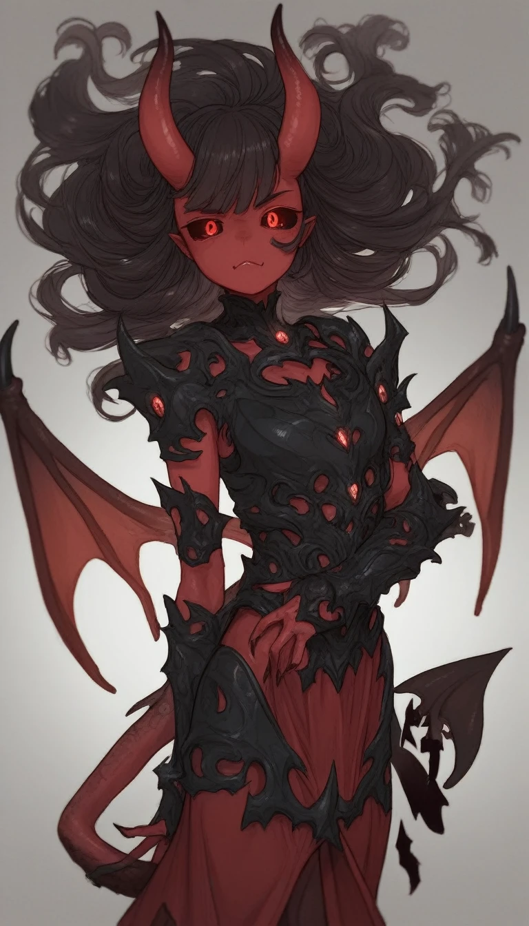 upper body, looking at viewer :: (mature, adult), demon girl, monster girl, (red skin), demon horns, demon tail, red wings, demon wings, large wings, small bust :: dark hair, floating hair :: red eyes, (black sclera), reflective eyes :: (wearing demonic armor)