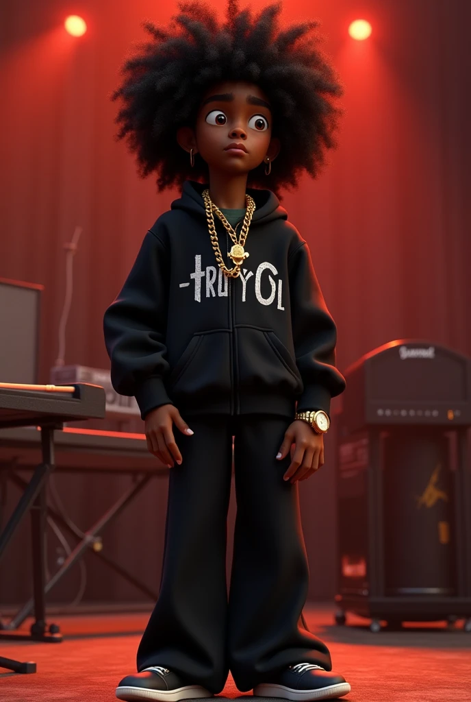 Disney Pixar (YOUNG BLACK MAN WITH LONG, CURLY BLACK HAIR) recording a song in the studio, in a black sports jacket with Wy Strong Sil writing, Wide black pants, black sneakers, many gold threads around the neck, gold watch on wrist,  ( It doesn&#39;t change the appearance of the face and the hair is already perfect) pixar, cool and stylish