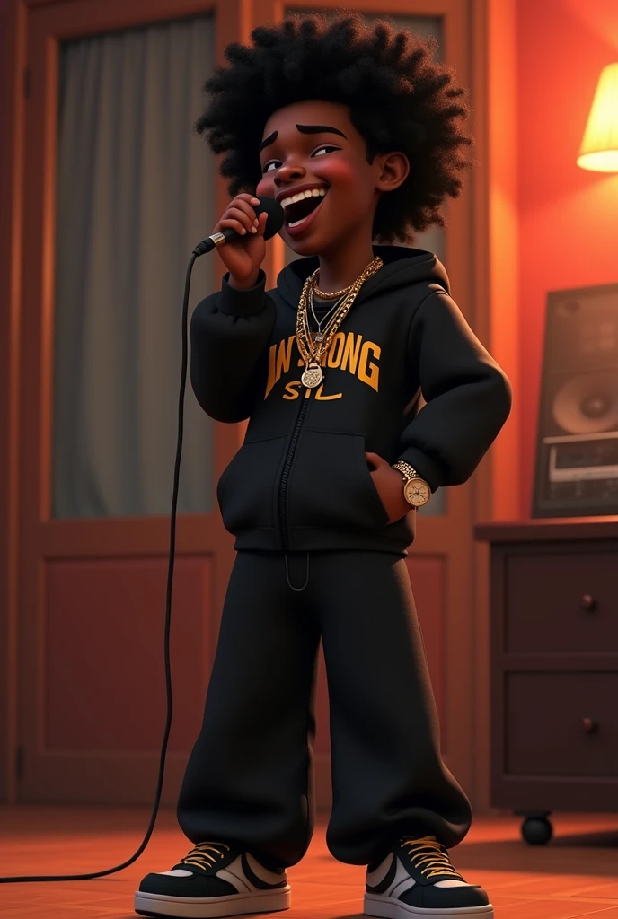 Disney Pixar (YOUNG BLACK MAN WITH LONG, CURLY BLACK HAIR) recording a song in the studio, in a black sports jacket with Wy Strong Sil writing, Wide black pants, black sneakers, many gold threads around the neck, gold watch on wrist,  ( It doesn&#39;t change the appearance of the face and the hair is already perfect) pixar, cool and stylish