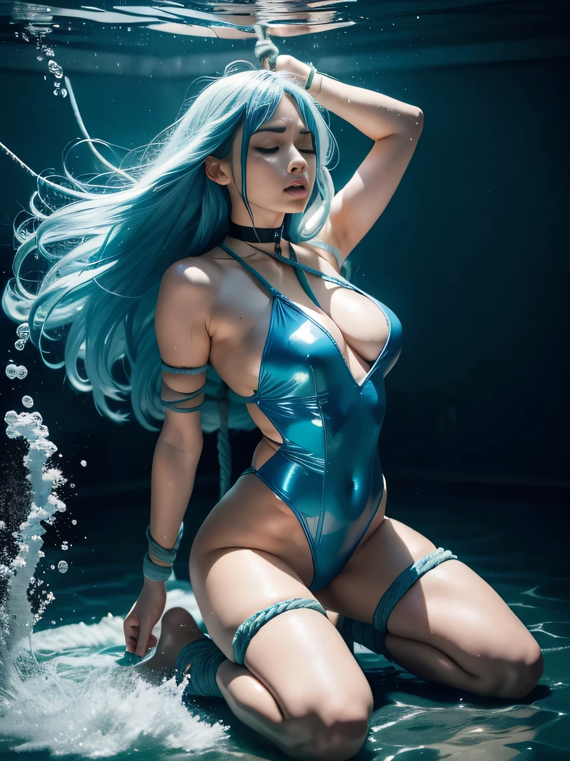superheroine, long long gorgeous light blue hair, ((rough rope wrapped around body, tighten up)), latex, leotard, blue and white costume, captured, shibari, static restrained, ((arms behind back)), chained, rope bind, cruelly, painful, helpless, humiliating, regrettable, being whipped, (screaming in pain), kneeling, eyes closed, being water tortured, lying face down, hair swaying in water, choker,, (deep undersea, water swirling), bondage