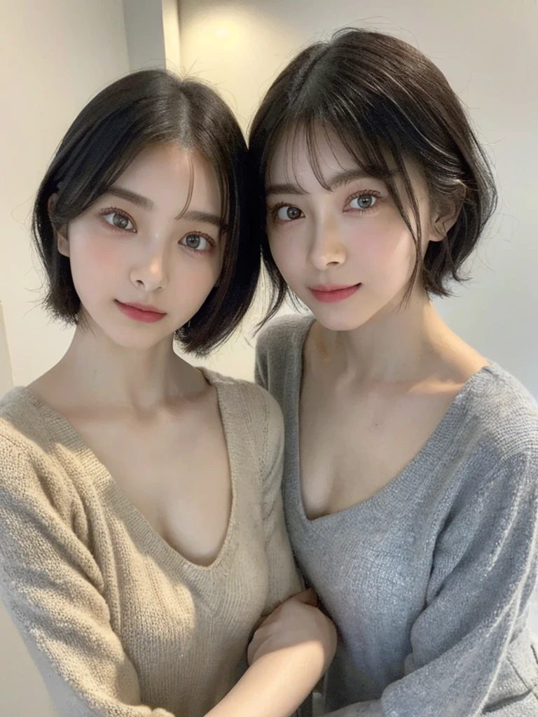 (masterpiece:1.3), (8k, Photoreal, Raw photo, best image quality: 1.4), Japanese high school girl、(random hairstyle:1.2)、cleavage:1.5、super detail face、eye for details、double eyelid、chest to chest、sharp focus:1.2、Beautiful woman:1.4、light brown hair、highest quality、masterpiece、超A high resolution、(Photoreal:1.4)、Highly detailed and professionally lit smiles、loose and light knitwear、shoulder out、thin、serious expression、short haired、deadly position
similar identical twins
All the girls have the exact same face, The two have the same face and figure, as if they were mirror images.