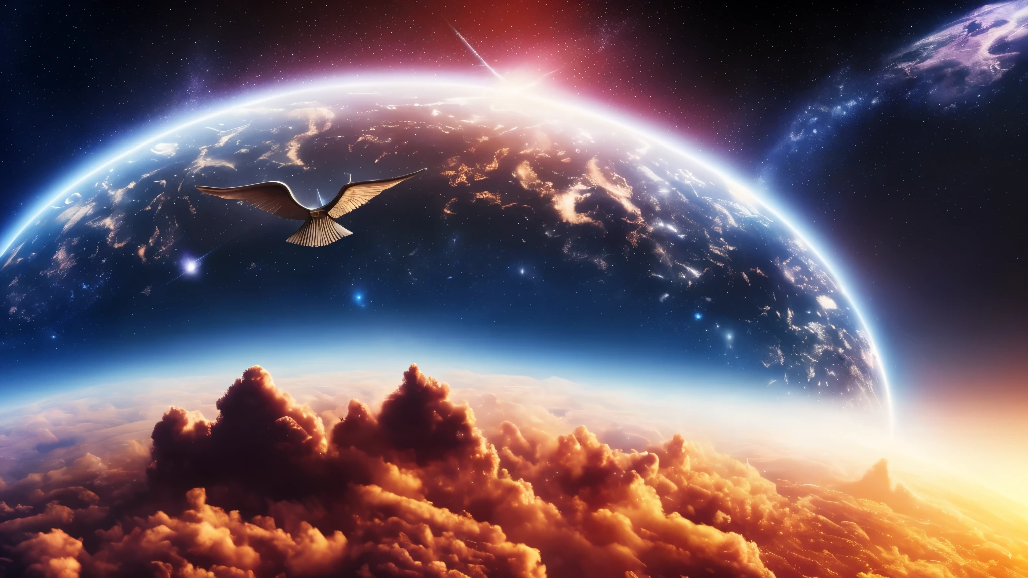 Archangel sitting on a hovering looking at Earth, extremely realistic image, interstellar style image 32K UHD