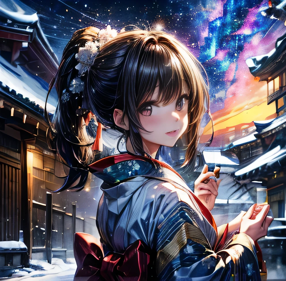Milky Way Galaxy ponytail Black Hair Bangs Patsun High-end kimono Snow Scene shrine