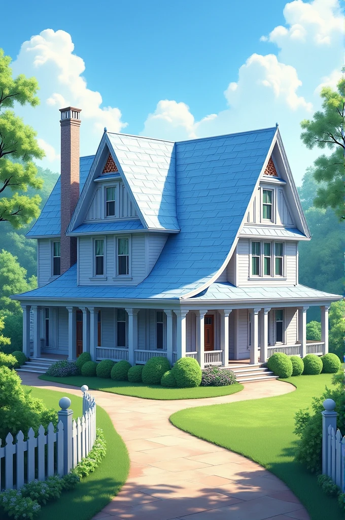 Classic house with light blue and white V-shaped roofs